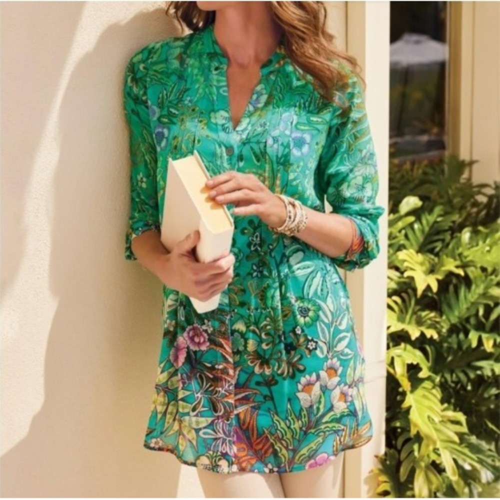 Soft Surrounding Womens Luau Garden Shirt Green Floral Tunic Top Camisole Set XS